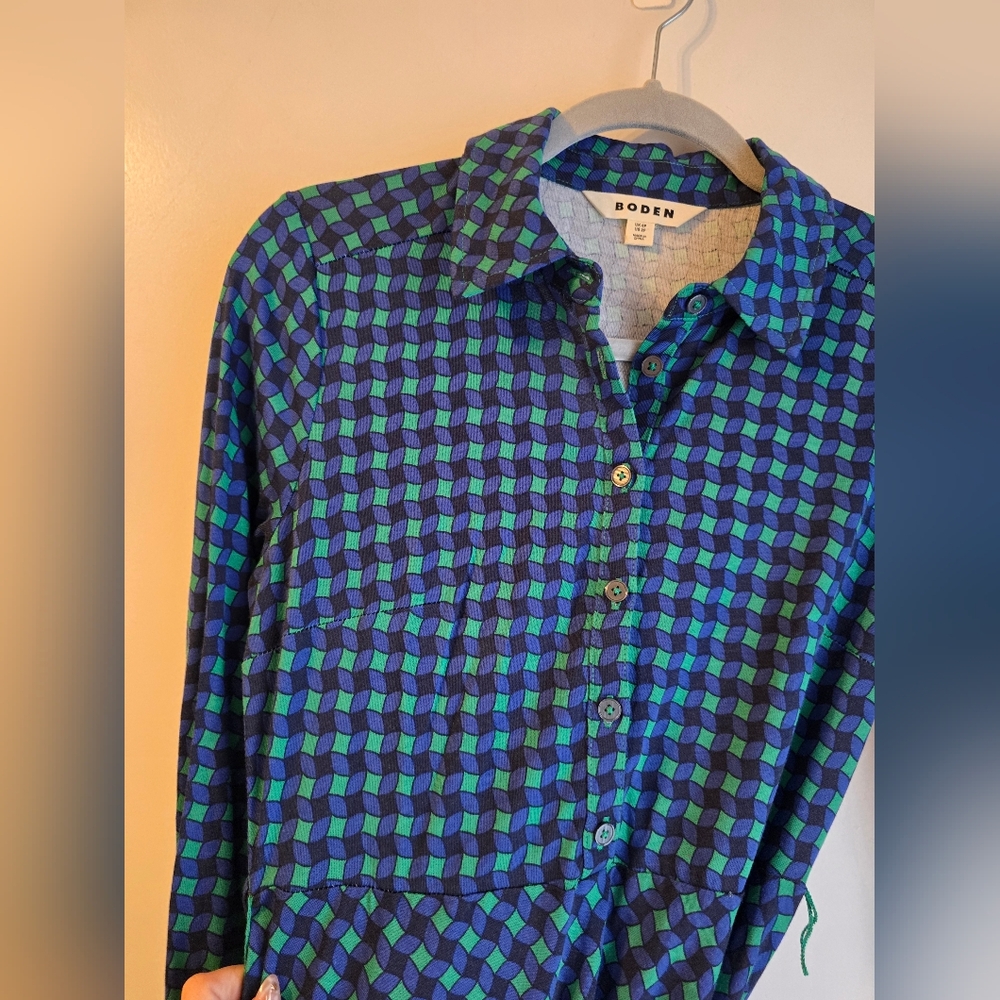 $145 Boden Laura Jersey Midi Shirt Dress Abstract Green Blue Sz 2P - Picture 8 of 10